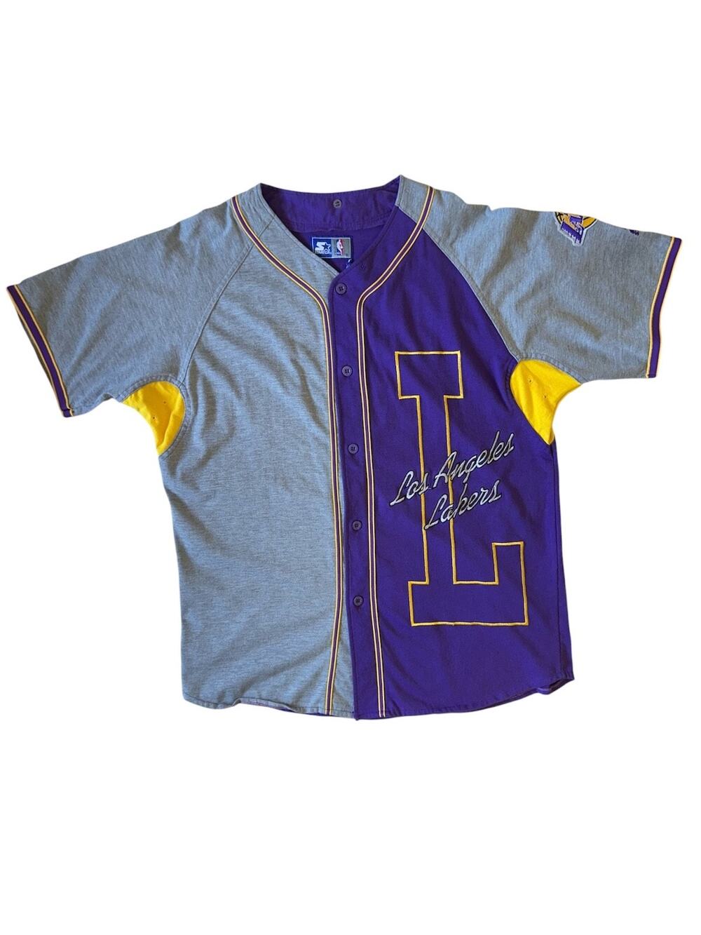 Vintage 90s Starter Los Angeles Lakers Baseball Jersey XL Grey Purple Kobe